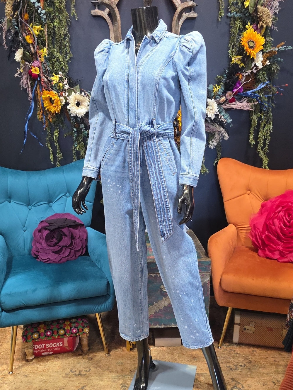 Express Puff Sleeve Tie Waist Medium Wash Denim Jumpsuit